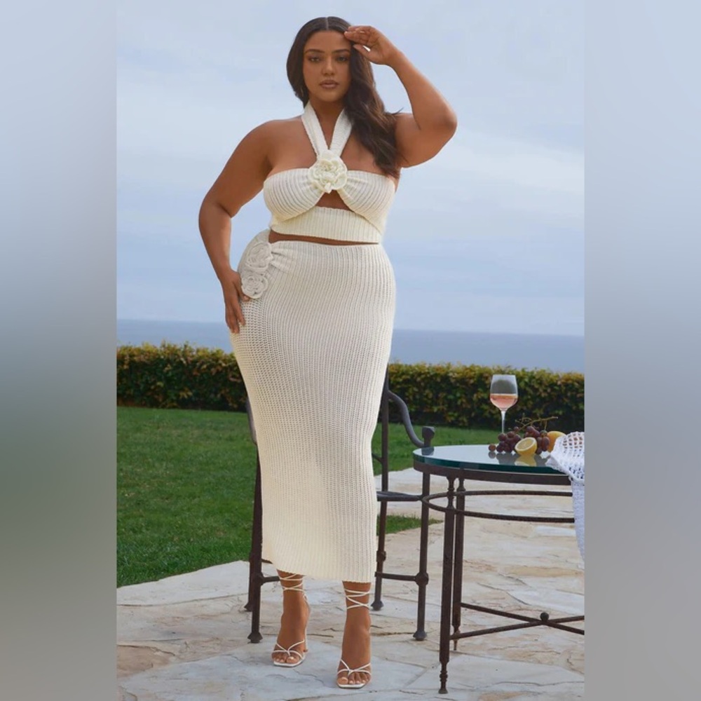 Cream Crochet Knit Halter Top & Skirt Set